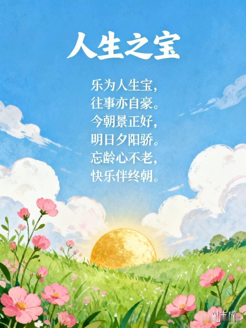 人生之宝乐为人生宝，往事亦自豪。今朝景正好，明日夕阳骄。忘龄心不老，