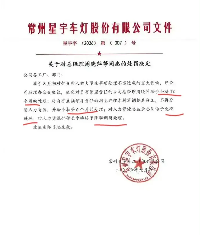 星宇车灯的处罚通告正式落地，看完之后这次的处理力度真的相当严厉。因为8月初新入职大学生相关事件处理不