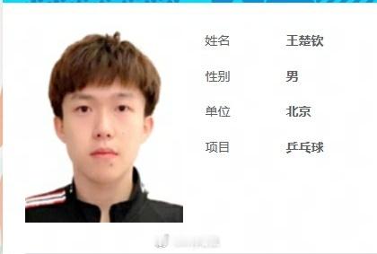 小学生王楚钦全运会证件照​​​