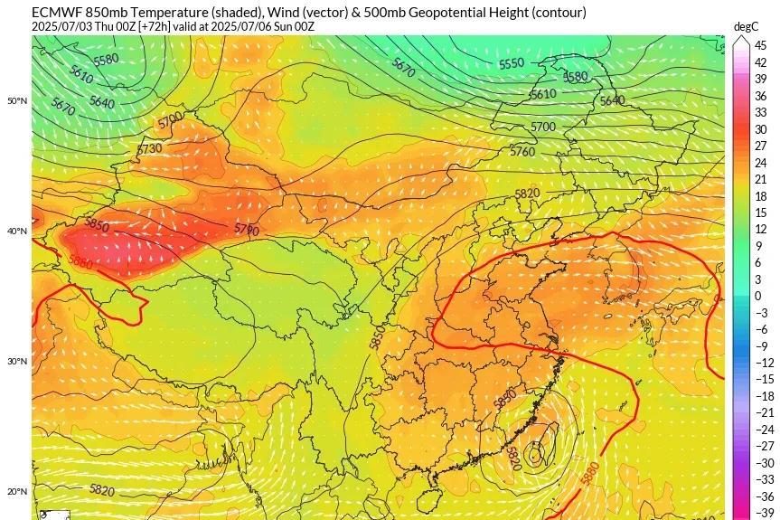 上旬中后期，副高将会作出新一轮调整，588线势力范围将会让出南方大部地区，对应季