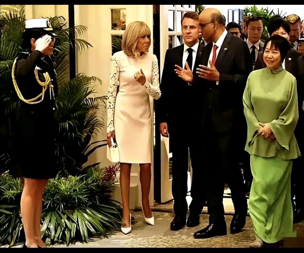 法国第一夫人布丽吉特出访新加坡，那可是大出风头啊，竟然把比她小的新加坡第一夫人比
