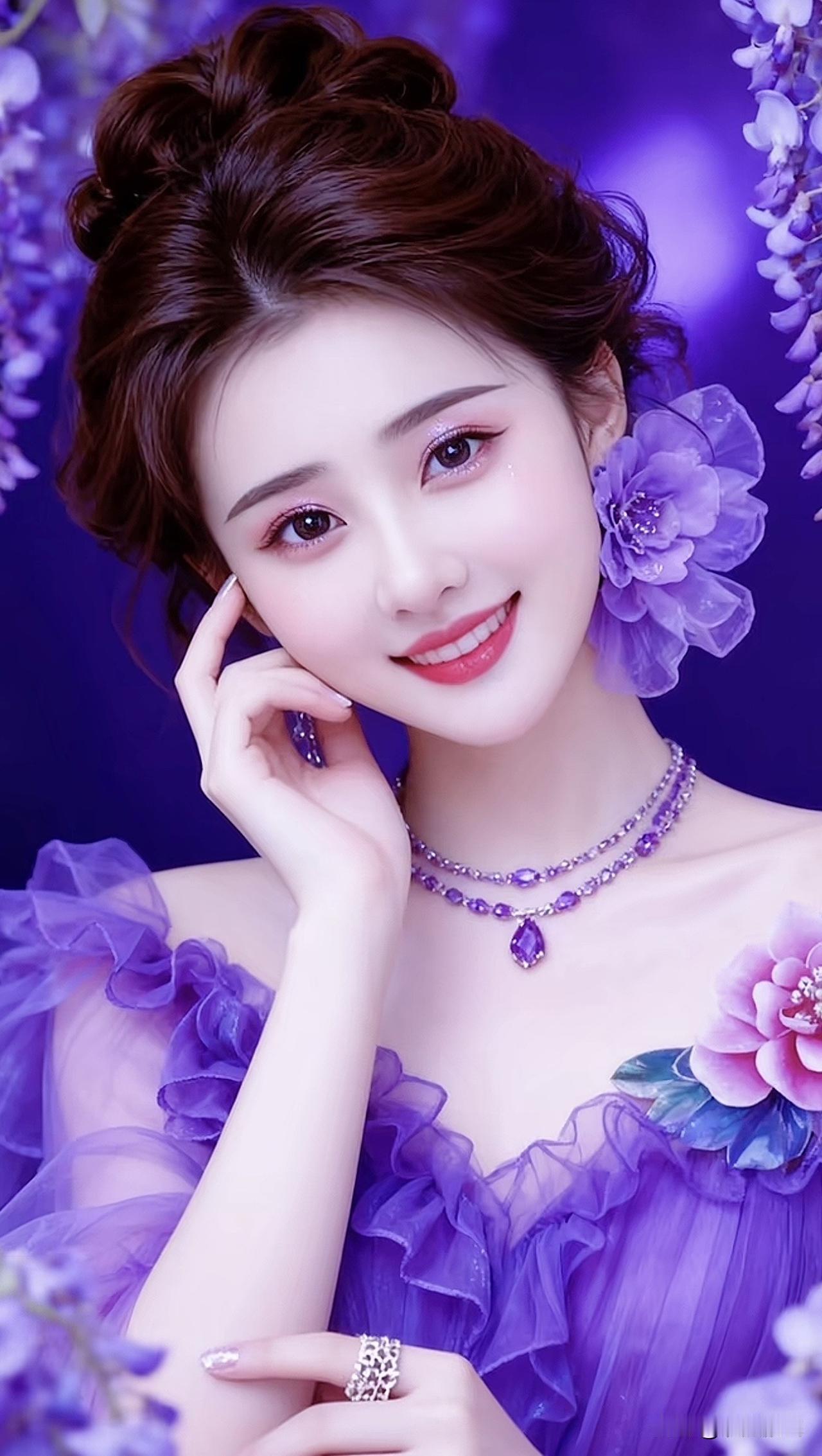 梦幻紫色少女，甜美笑容，花环环绕，仙气十足！🌸💖紫色花海少女紫色梦幻少女