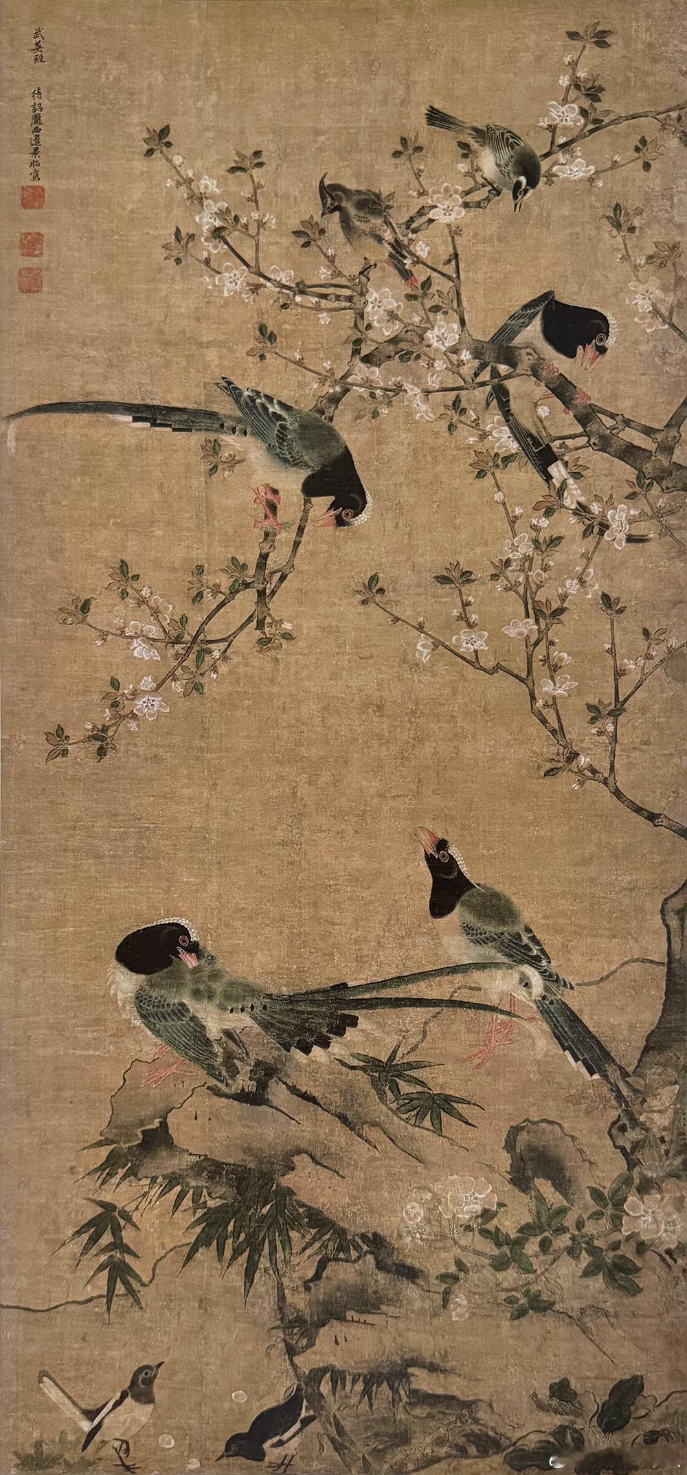 国史古风【中华名画欣赏《花竹聚禽图》（边景昭）】《花竹聚禽图》绘花木