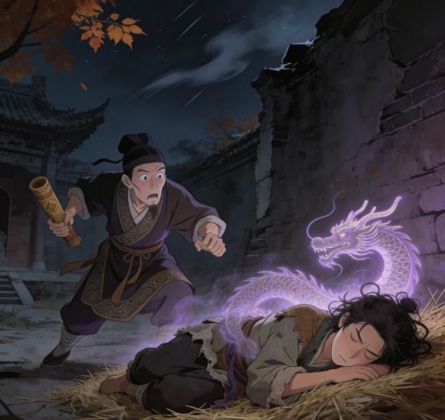 唐朝时期，李淳风夜宿破庙，见一乞丐睡姿如龙，头顶有紫气环绕，他大惊失色，断言：此