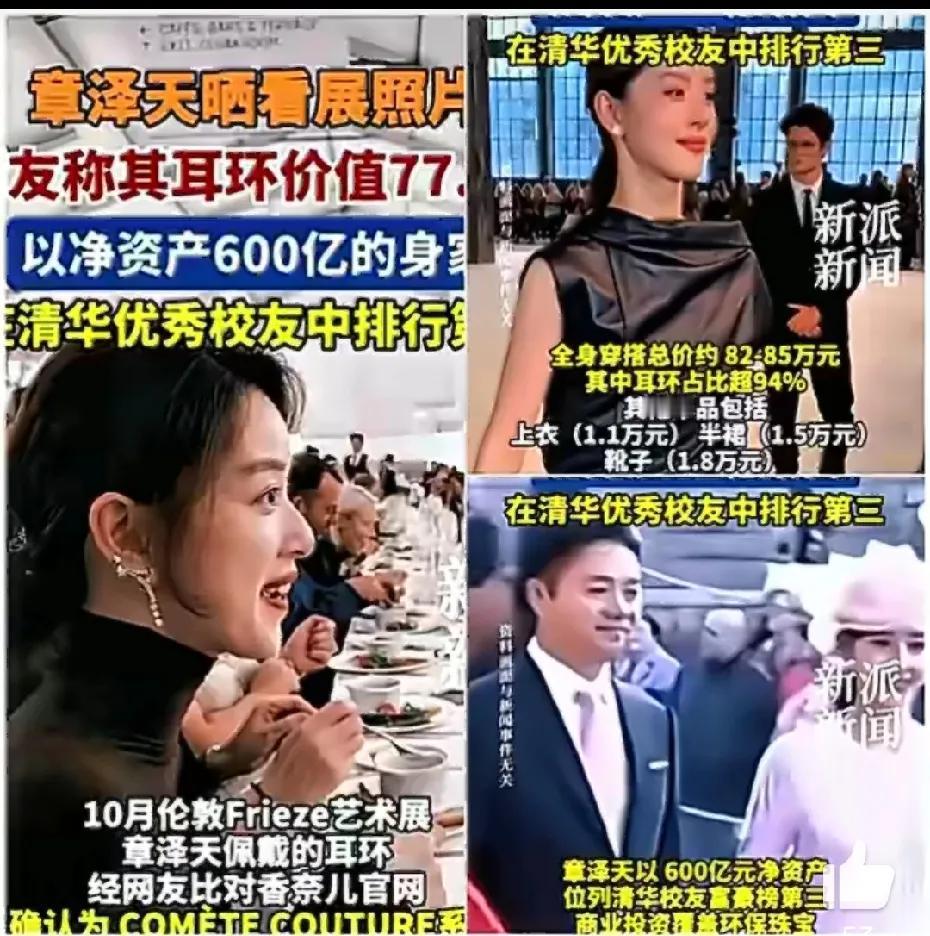 章泽天如今才32岁，净资产就已像个超级大“财富雪球”，滚到了600亿。她最该好