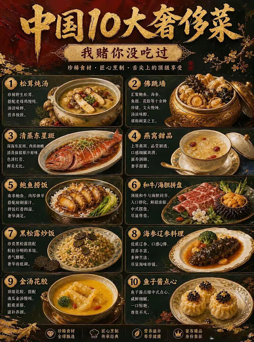 中国十大奢侈菜我竟然一个也没吃过！前阵子跟着做东的老板蹭了顿高端私宴，桌上刚好凑齐大半网上说的十大奢