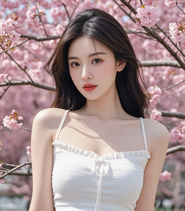 樱花树下伊人立，一袭白衣染芳菲