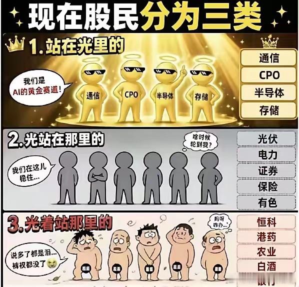 大家都在说，目前的股民分为三类：站在光里的：通信、cpo、半导体、存储光站在那里