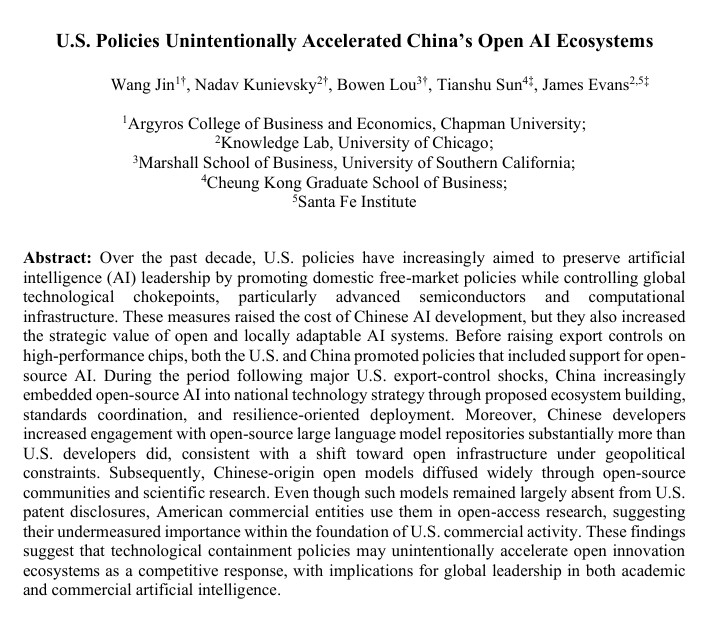 arxiv的新论文：“美国政策无意中加速了中国开源AI生态系统的发展”链接–