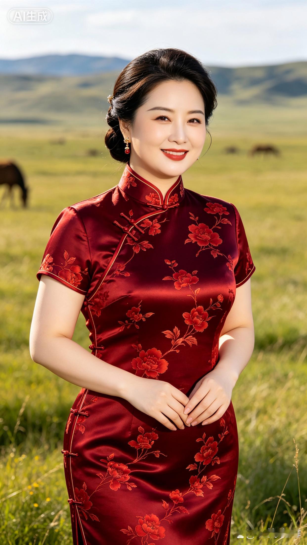 她穿着旗袍在草地上微笑，那画面瞬间就有了故事感。就像那张古装美女图片里，穿着绣花