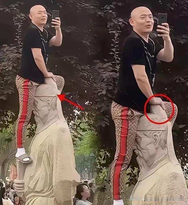 “骑在李白头上，把李白踩在脚下”难道一定要这样拍照吗？5月12日，在西安大雁塔