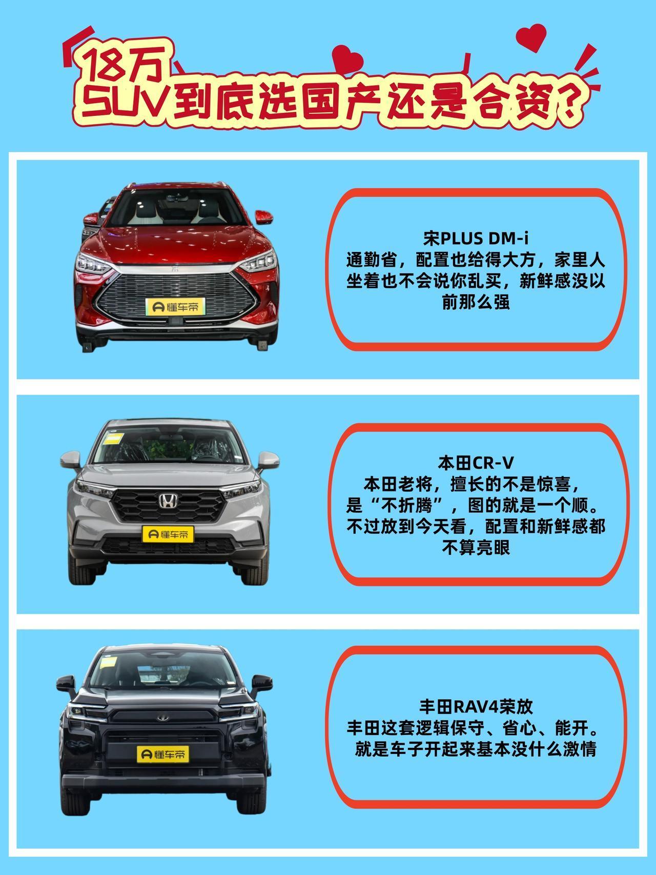 18万，宋PLUSDM-i、CR-V、RAV4荣放，家用SUV到底选国产还是合