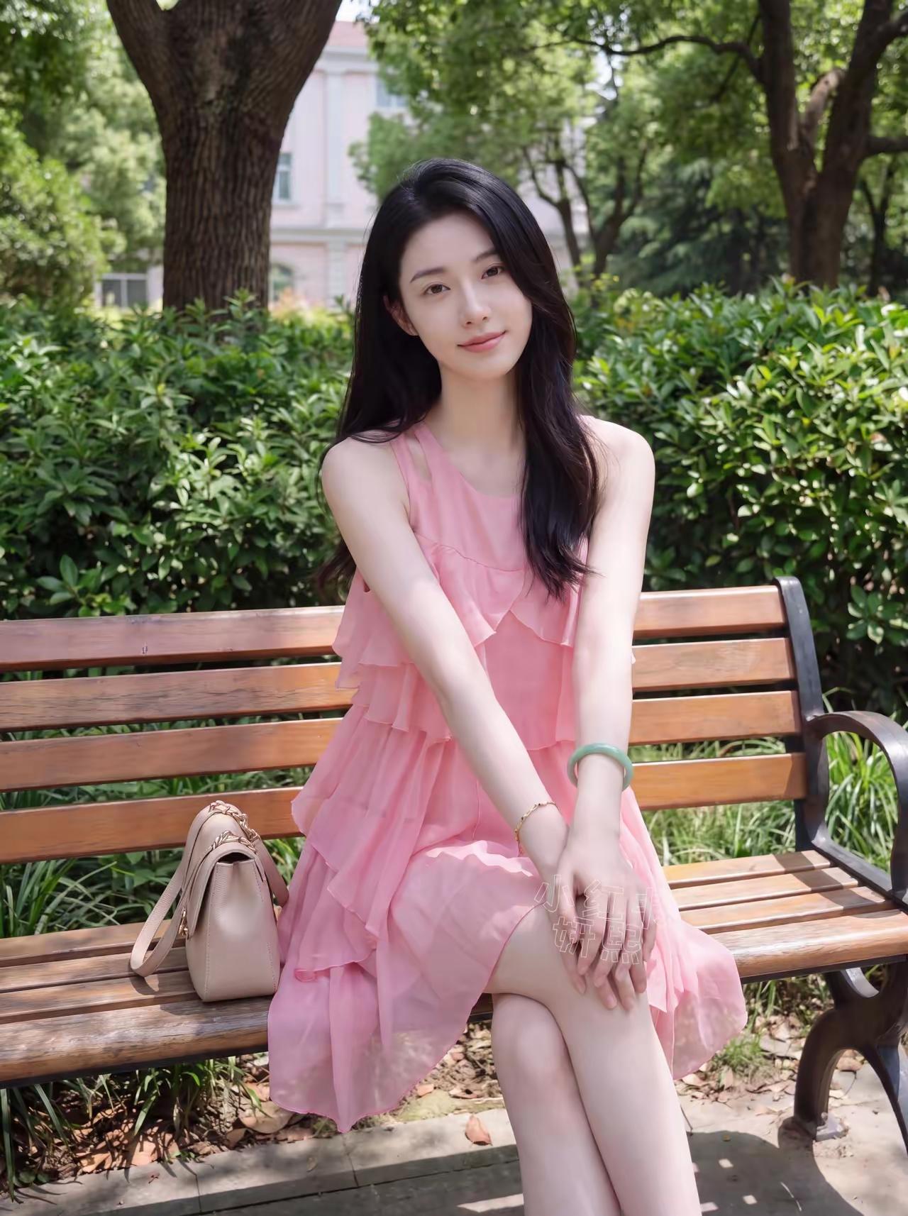 这位小姐姐坐在公园长椅上，穿着粉色连衣裙，看起来很温柔。怎样的人生才适合你生活
