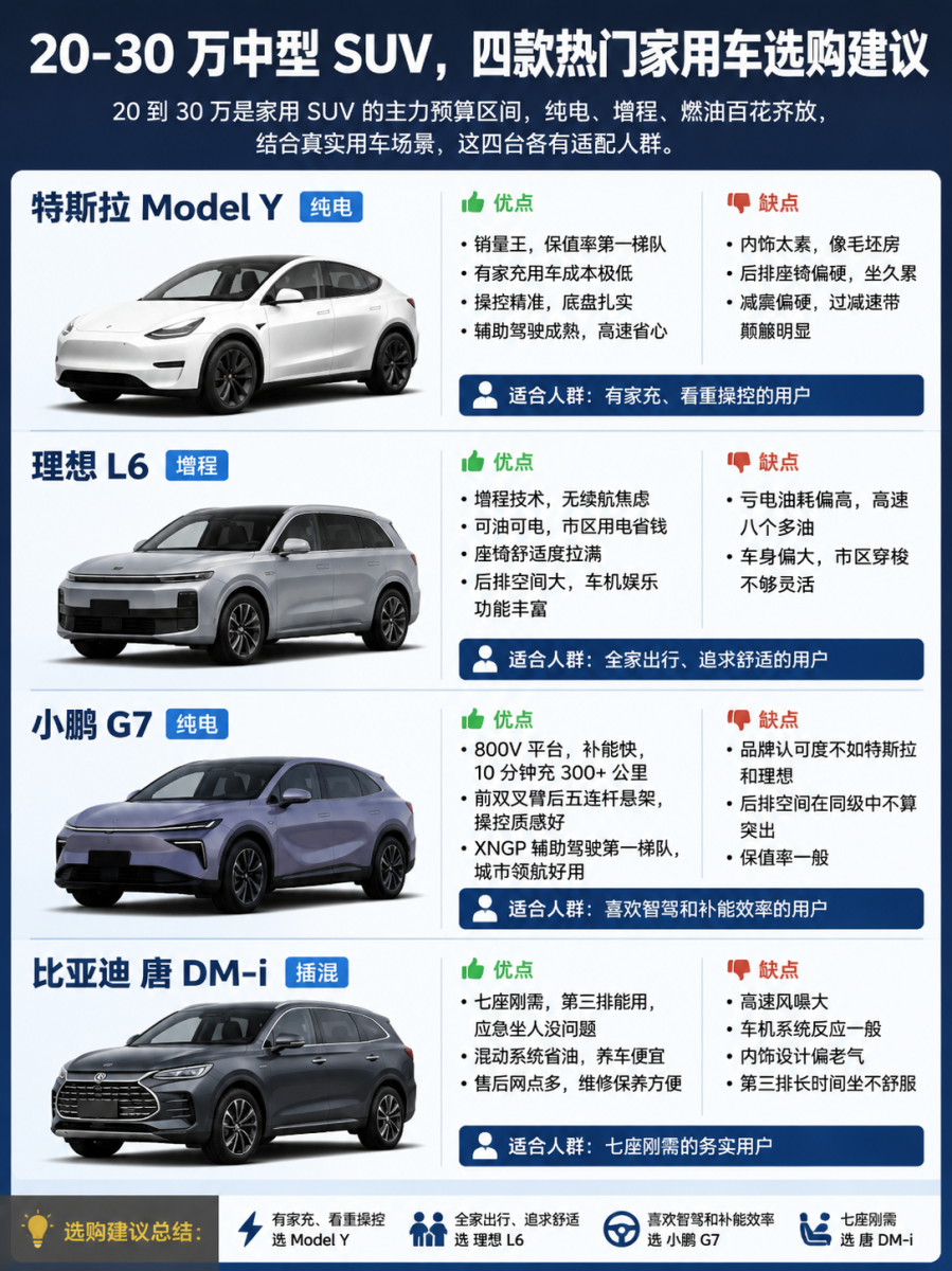 20-30万中型SUV，四款热门家用车选购建议20到30万是家用SUV的主力预算区间，纯电、增程、燃