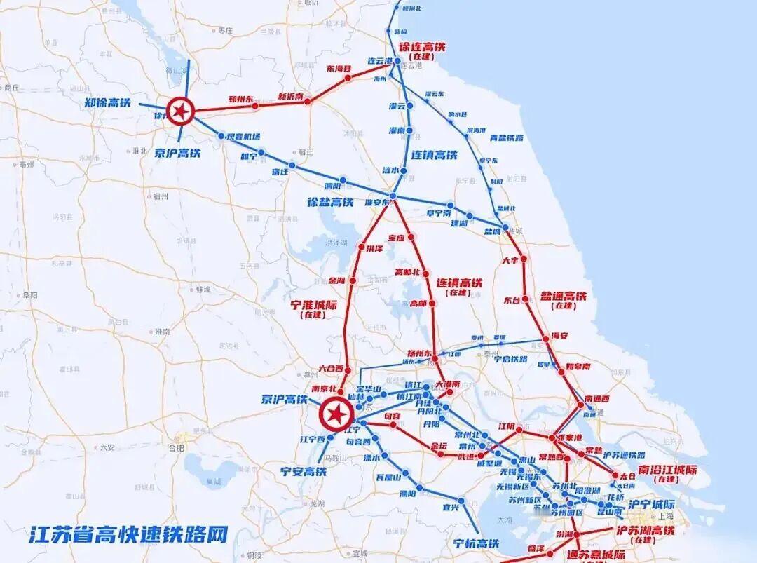 江苏省在全国的高铁网中占据关键位置，其中‌南京、苏州和徐州‌被广泛视为江苏省内三