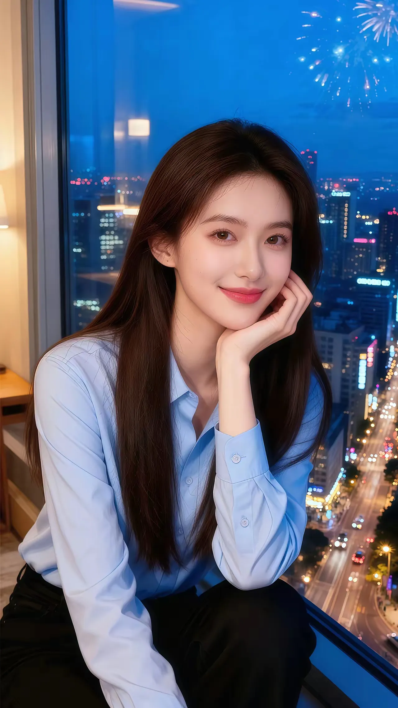 都市夜景中的甜美少女，微笑中透着温柔与自信。