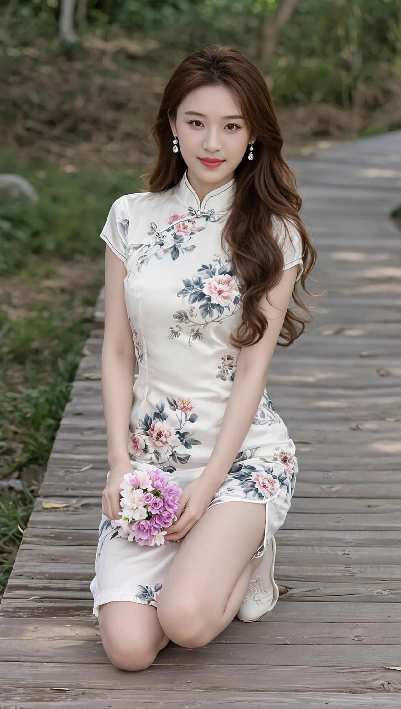 一袭旗袍，勾勒出东方的优雅与柔美。裙摆上的花卉图案，仿佛是春日里绽放的花朵，诉说