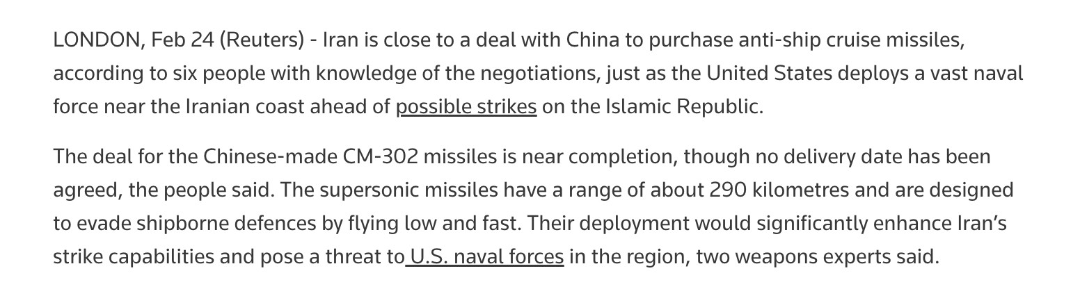 🔻路透社又搞事，说伊朗和中国签了YJ12导弹外贸版CM302的合同。🔻属于是