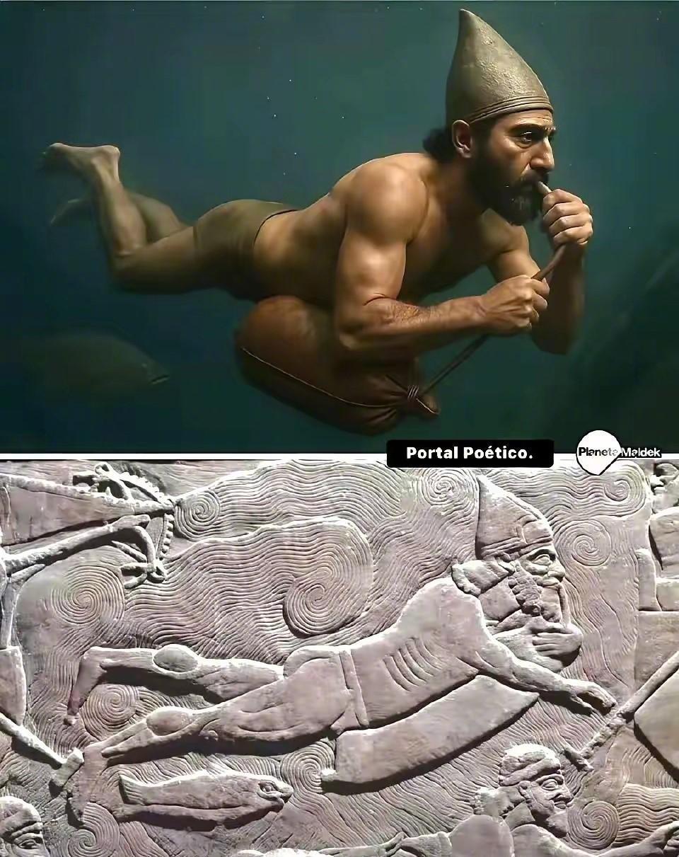 下图为亚述浮雕文物和视觉复原图。在3000年前，亚述人便掌握了水下作战的技术，