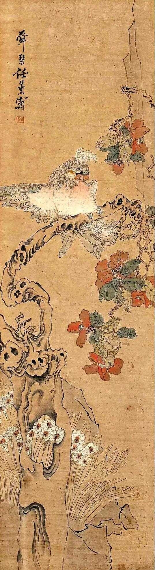 任薰花鸟对屏。任薰（1835年—1893年），字舜琴，又字阜长，清代画家，其父