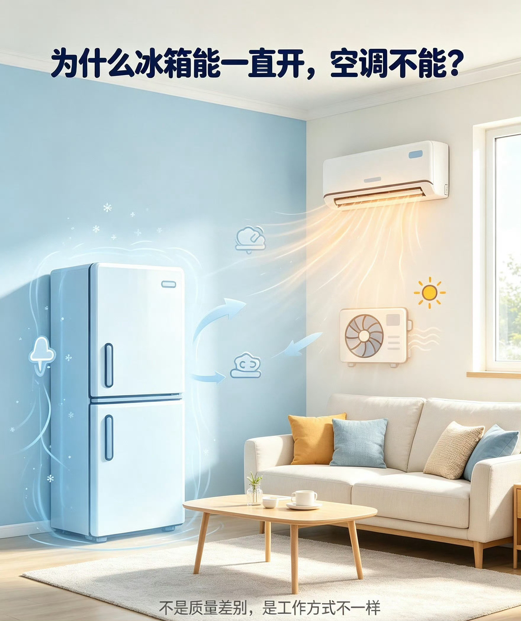 一直好奇一个问题：冰箱天天24小时插电没人管，空调却总被叮嘱要定时关机休息。其实