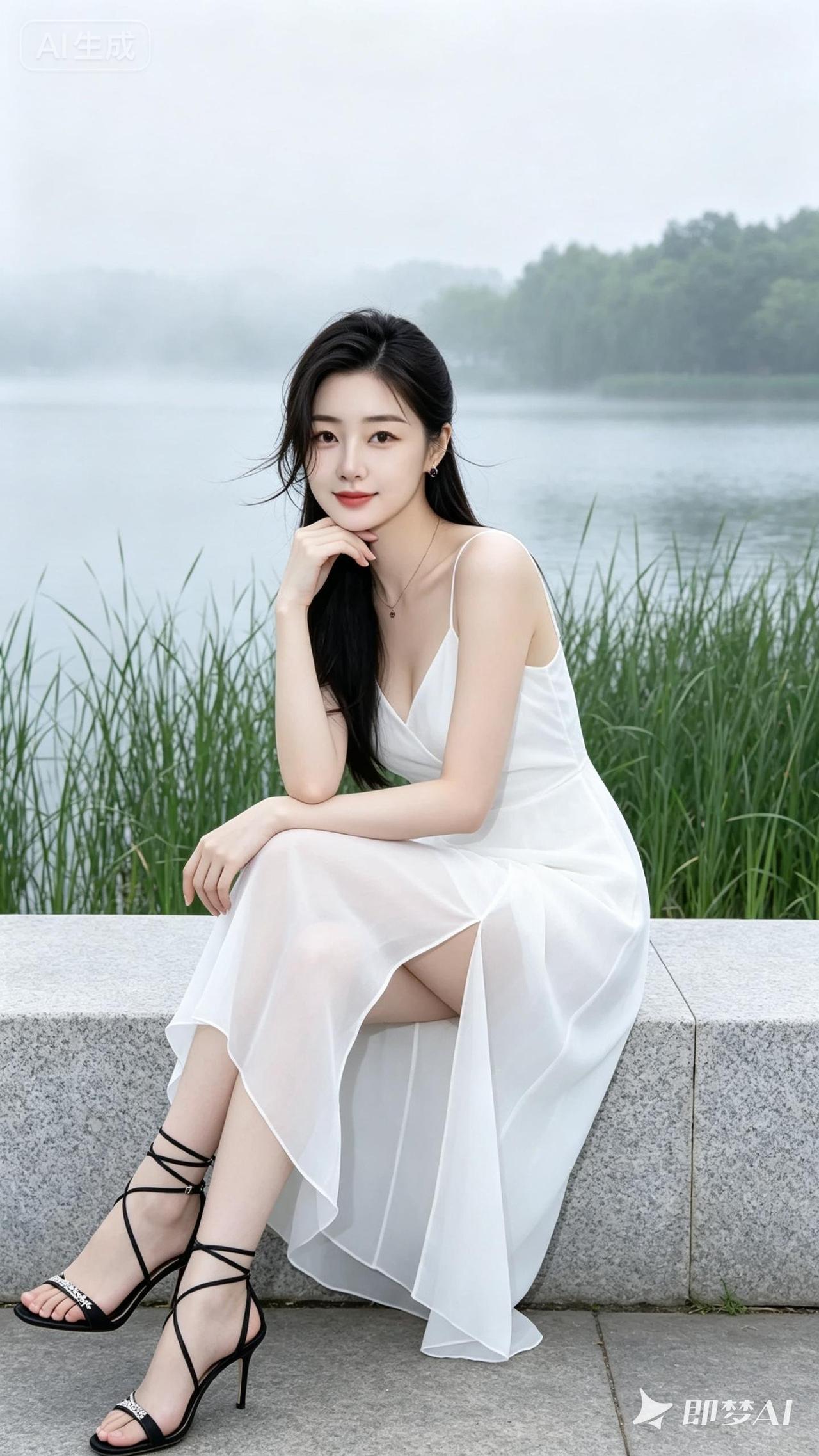 这位小姐姐坐在湖边，穿着白色连衣裙，看起来好温柔。