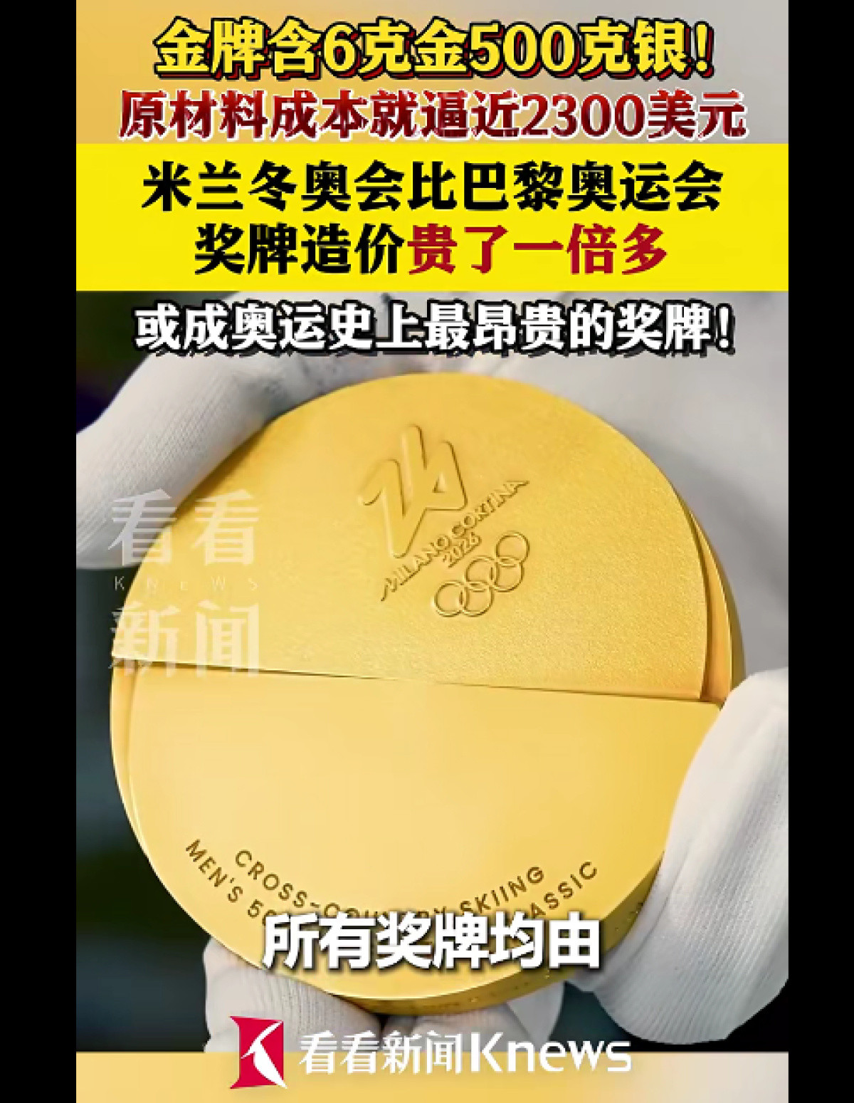 金价飙升催生史上最贵奥运奖牌！米兰冬奥会金牌价值近2300美元