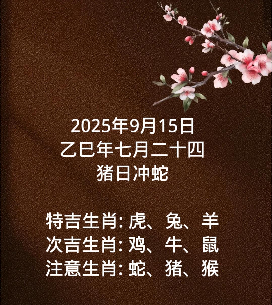 2025年9月15日乙巳年七月二十四猪日冲蛇特吉生肖:虎、兔、羊次吉生