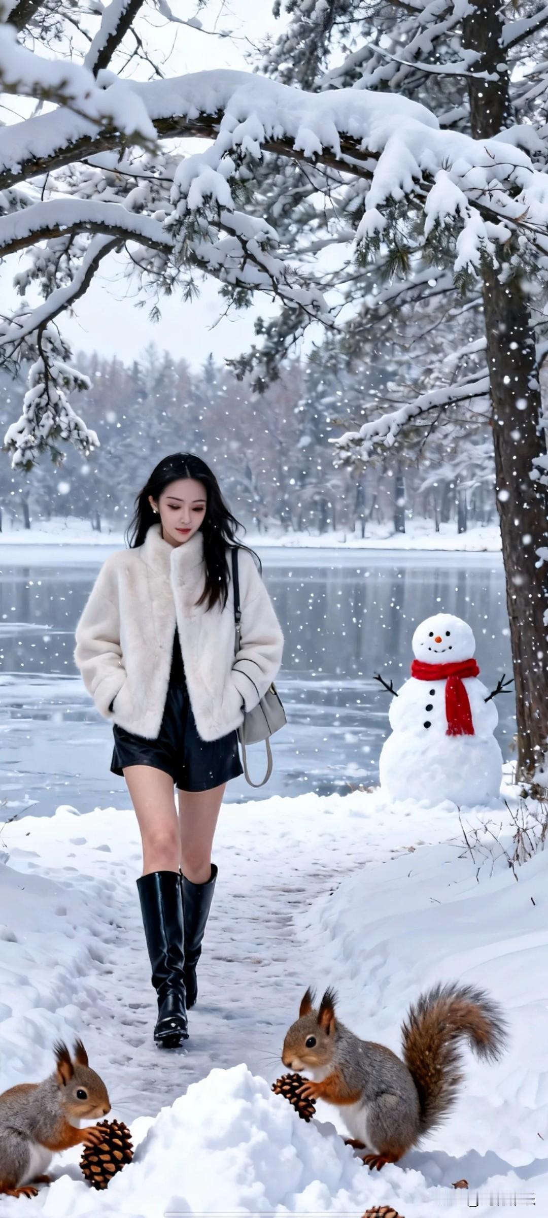 雪中漫步，松鼠相随。