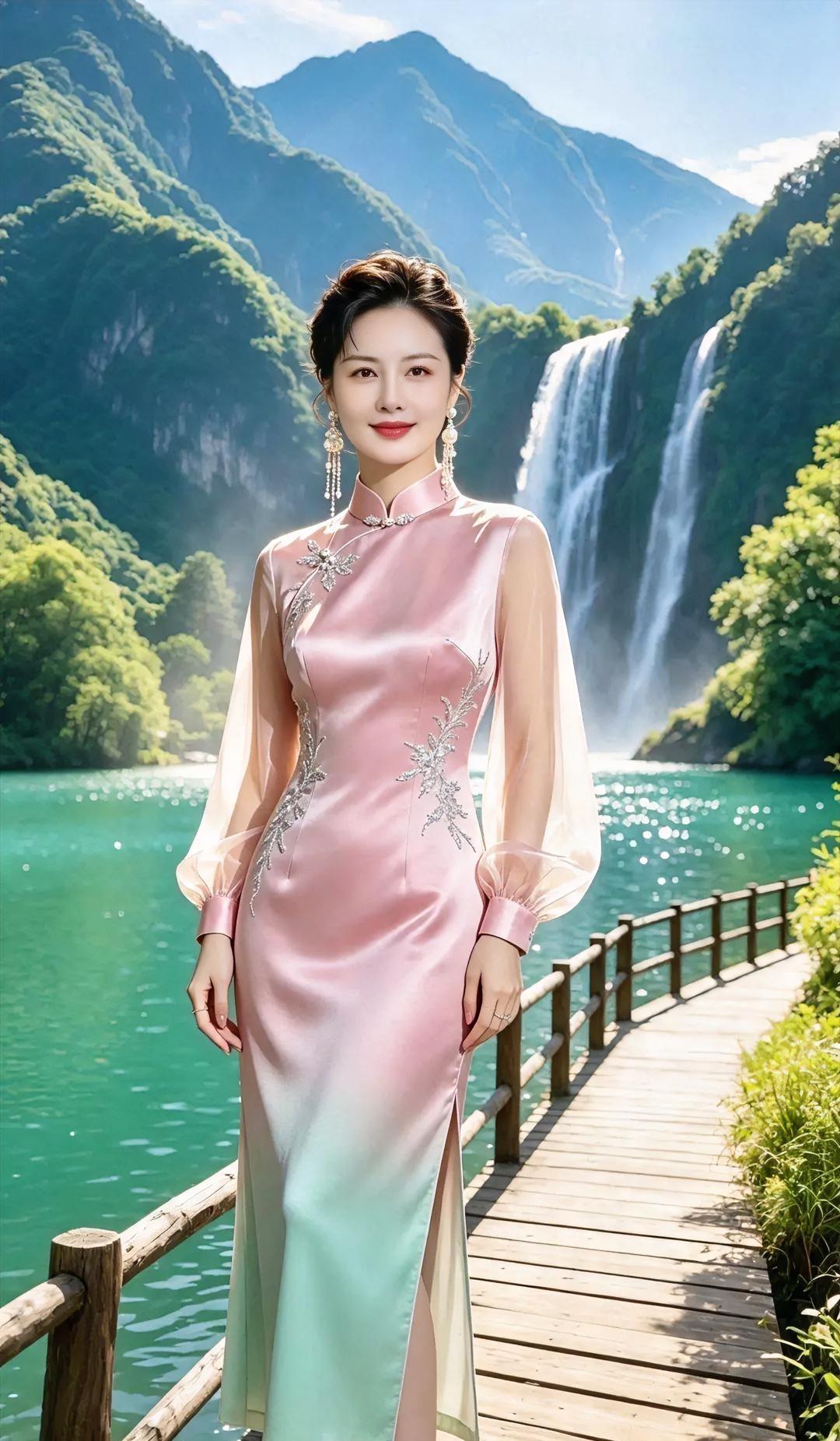 山水都在等这一抹温柔。粉裙渐染青绿，立领绣花轻，站在木桥上，身后是飞瀑流