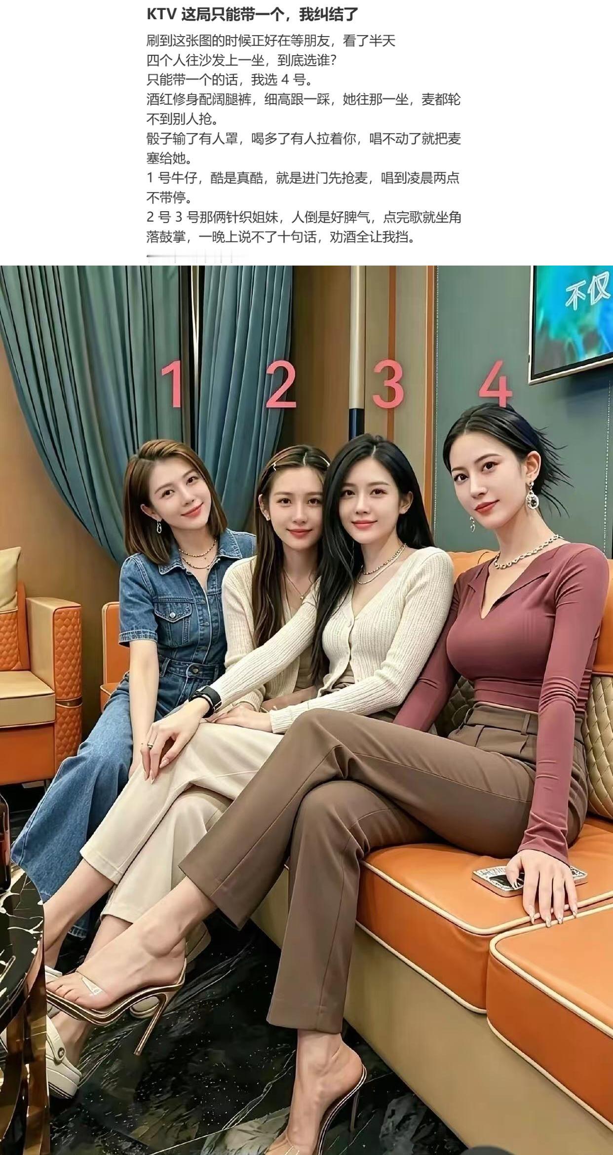 假如让你从这四位女生里选一位，带去KTV陪你和兄弟们唱歌，你会带谁？