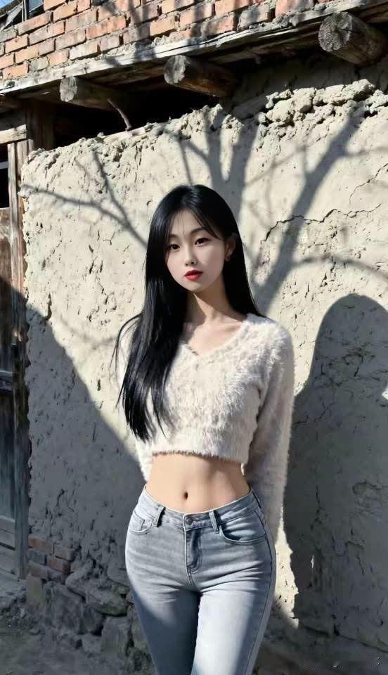 在老旧砖墙前，黑白配的清新甜美，仿佛时光倒流。