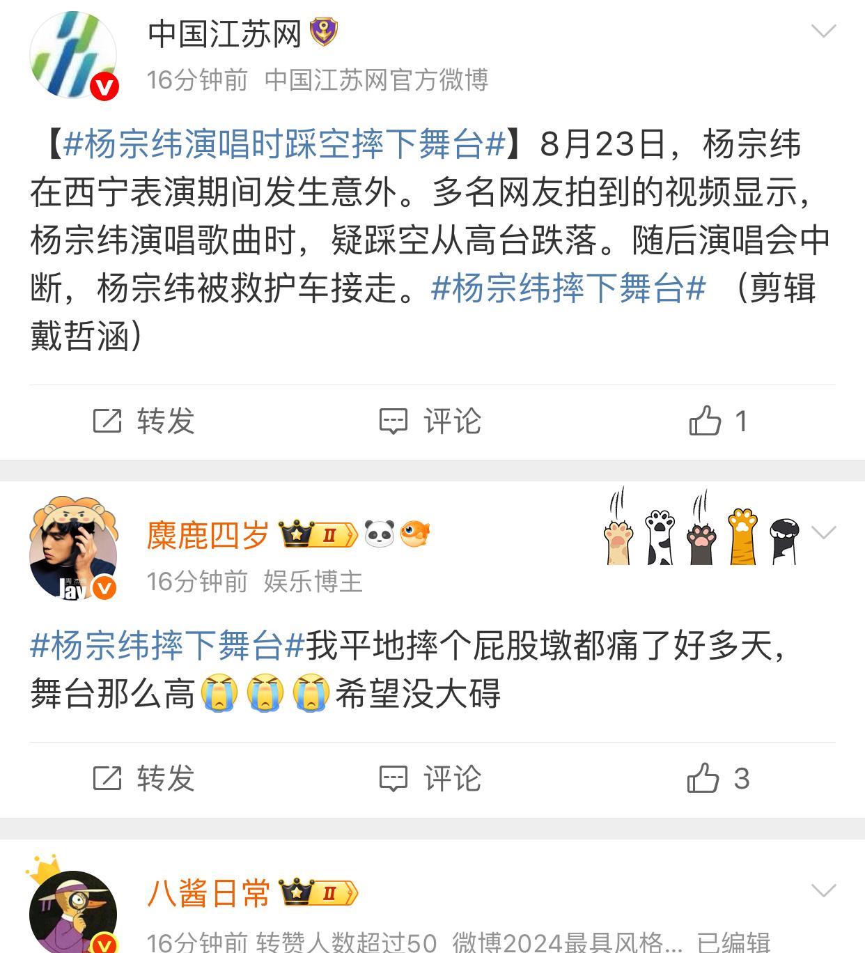突发事件：杨宗纬演唱时从舞台摔下，想起很多在舞台上摔过的明星：王力宏（演唱