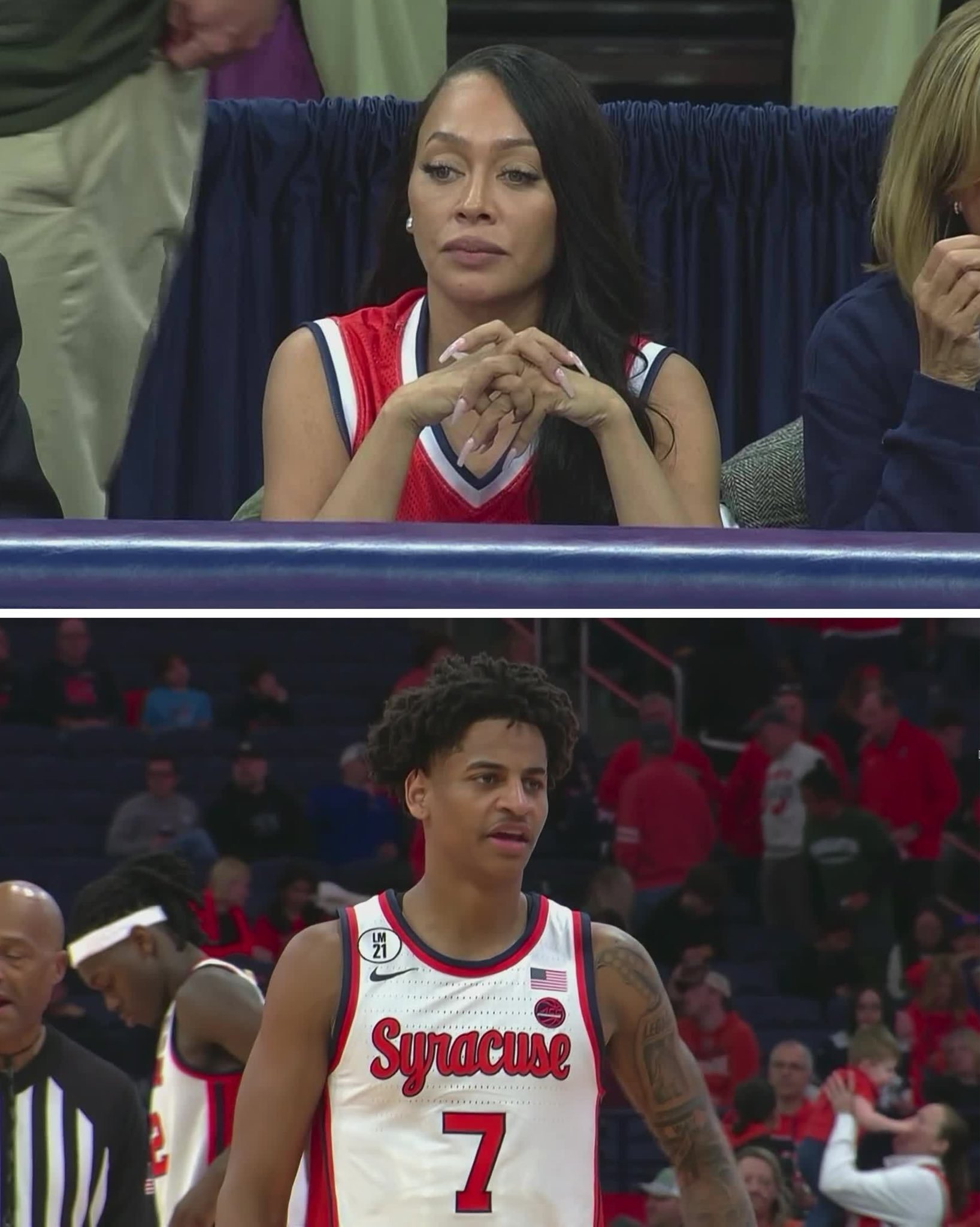 拉拉-安东尼现场观战儿子的第一场大学比赛。​​​