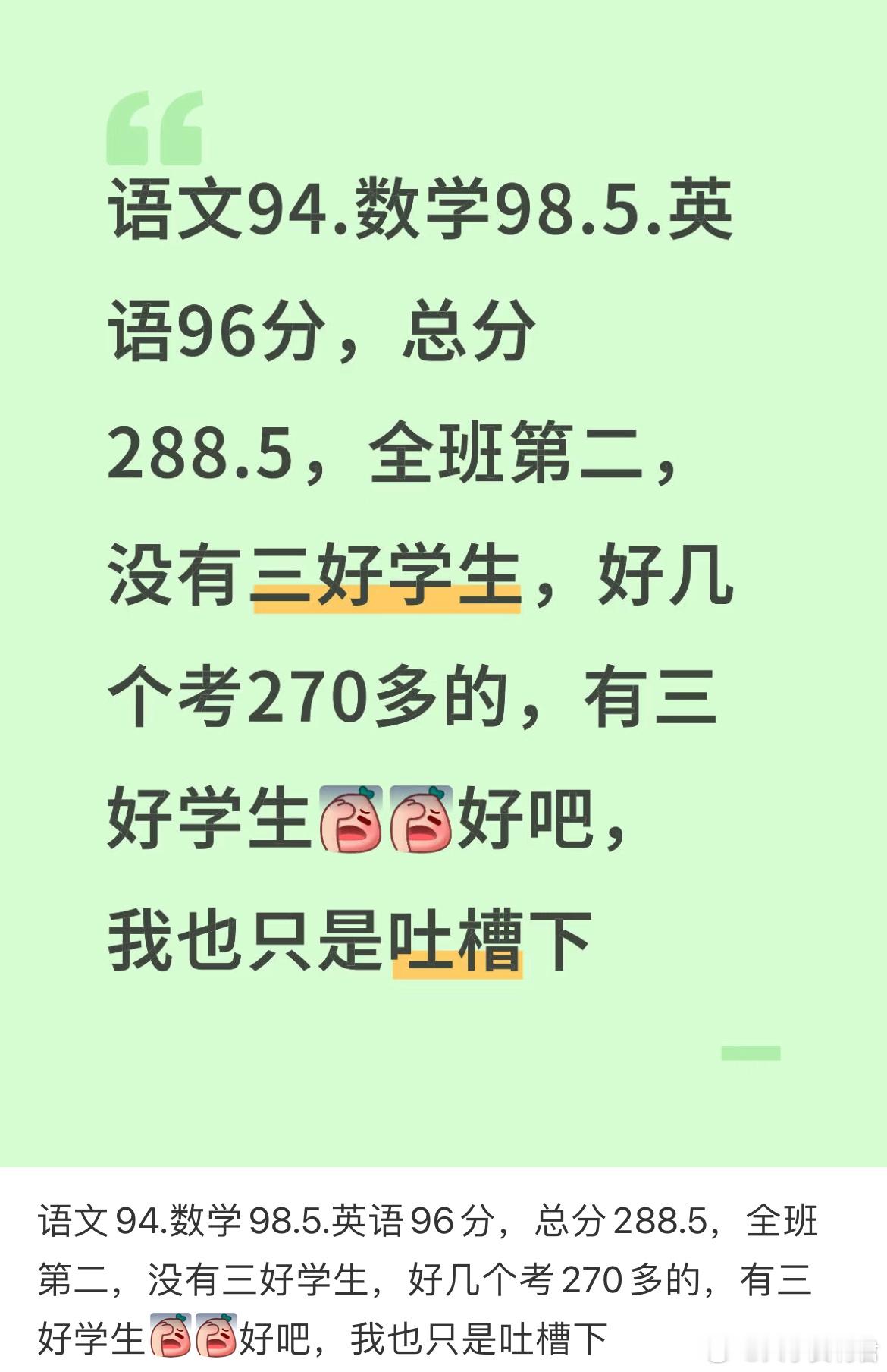 语文94.数学98.5.英语96分，总分288.5，全班第二，没有三好学生，好几