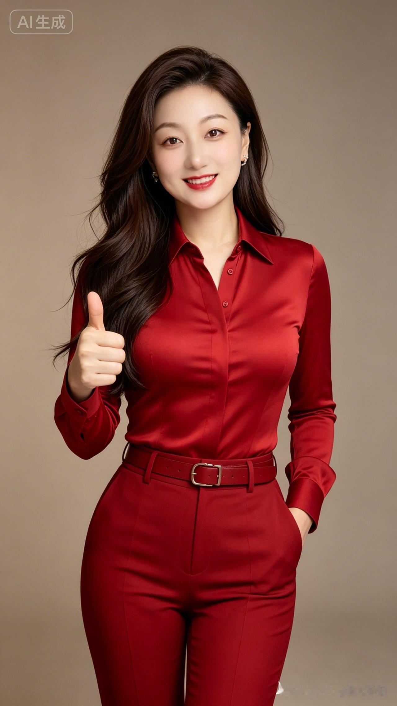 这位小姐姐穿红色套装，微笑着点赞。