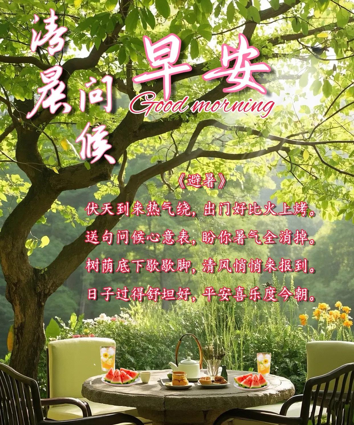 朋友：早安！伏天至，暑气浓，盛夏烈炎炎，阳光烈，问候甜，微风似蜜甜。愿我的