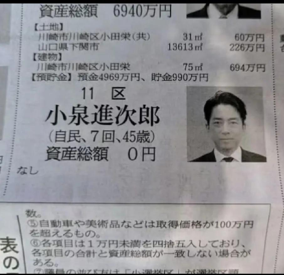 不仅仅是小泉进次郎，日本众议院465名议员，20%都申报零资产。是日本的议员都