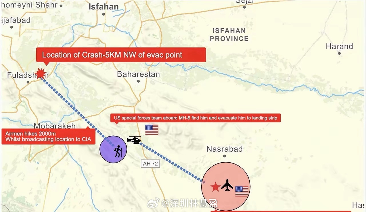 美军飞行员的逃跑路线，看起来不容易，可以拍美国大片了。当地是山区，但也有大片平原