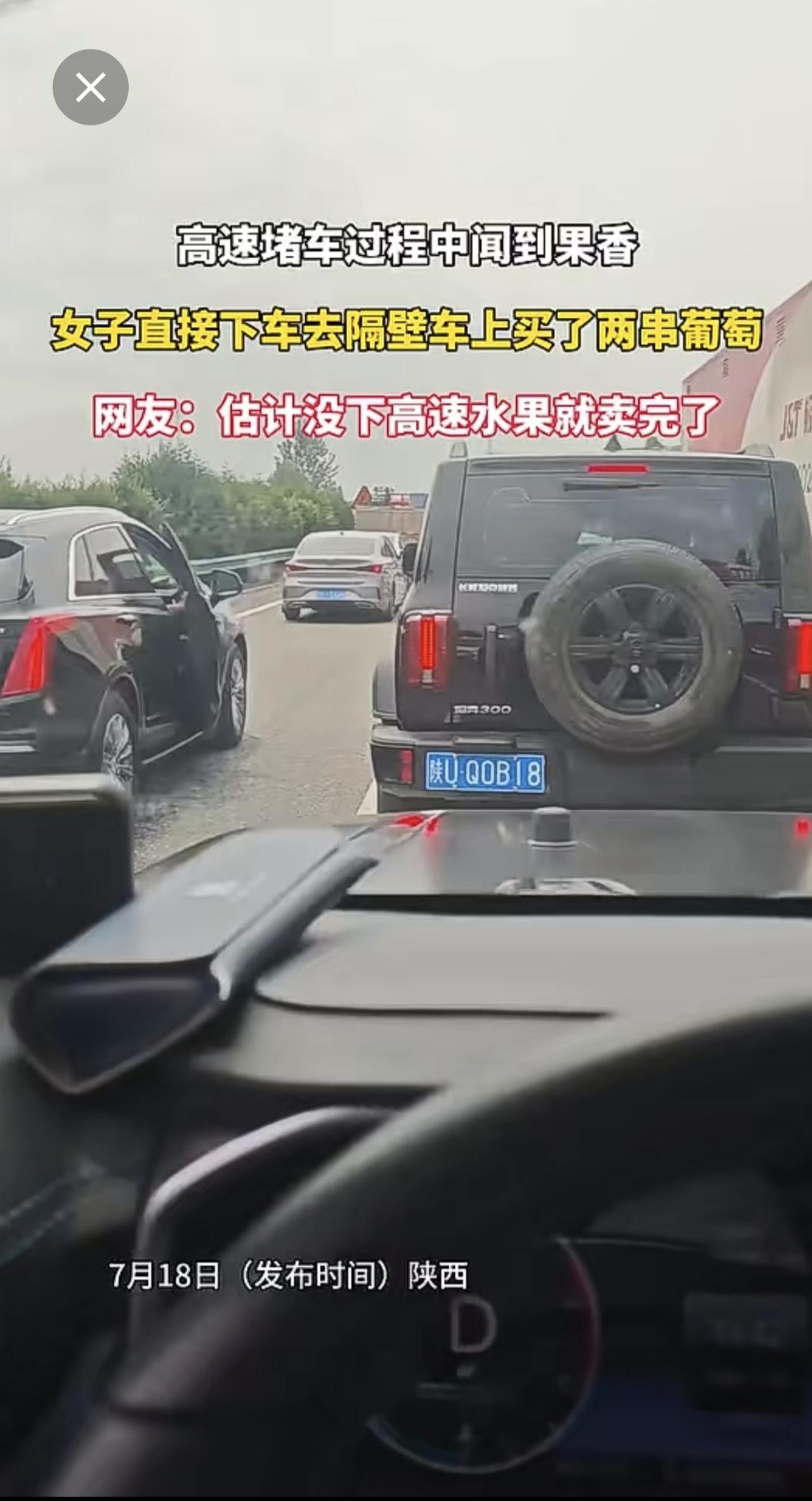 高速堵车过程中闻到果香，女子直接下车去隔壁车上买了两串葡萄，估计没下高速水果就卖
