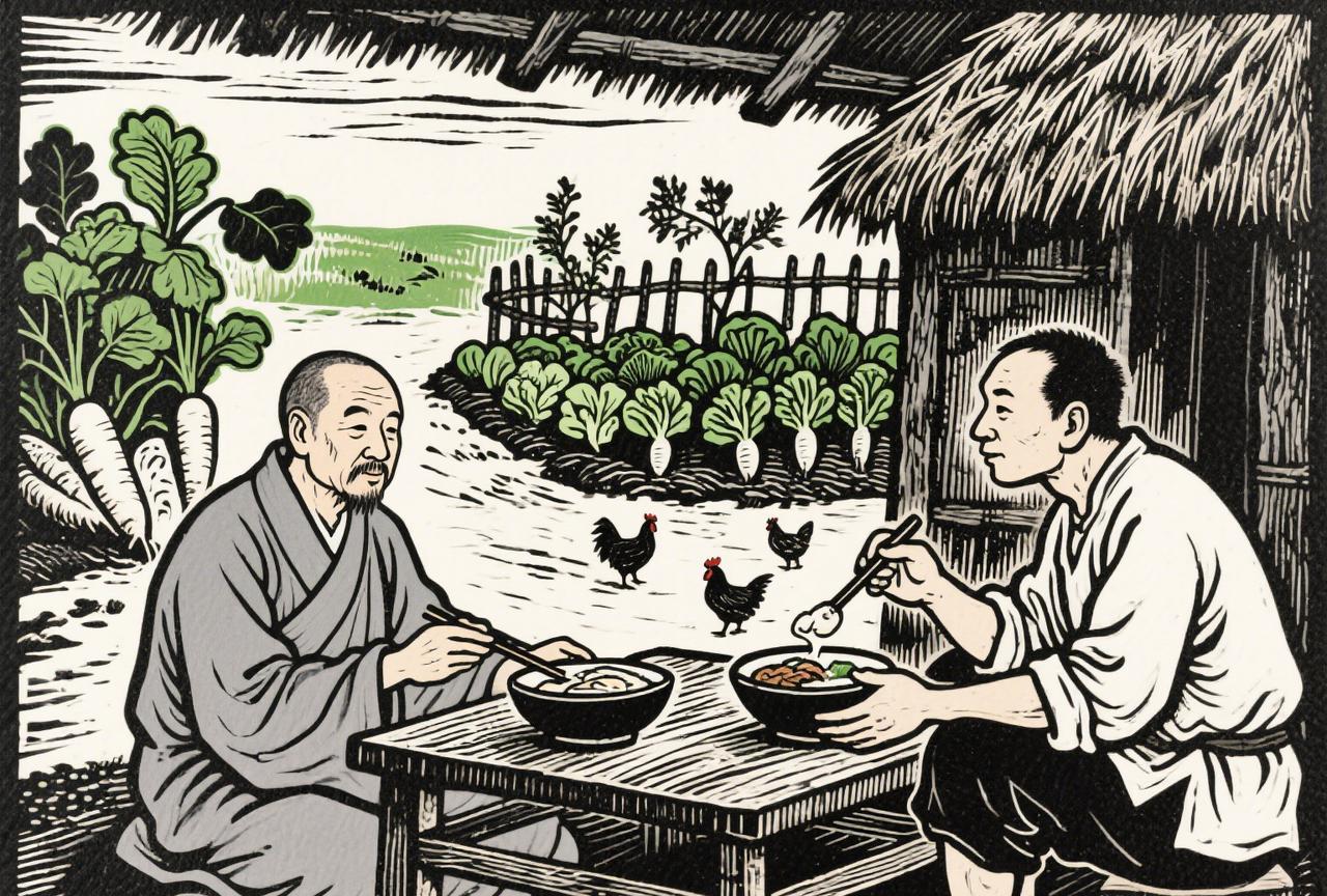 五代时，一个僧人在路边搭了一间茅屋，靠种植蔬菜和人们布施生活；有一天，僧人做梦