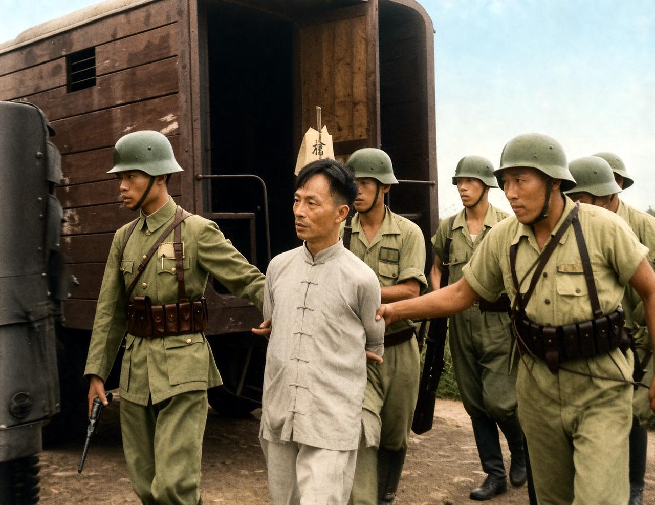 1948年9月5日，上海江湾刑场外，淞沪警备司令部第六调查处上校齐蔡瑜被押下军用