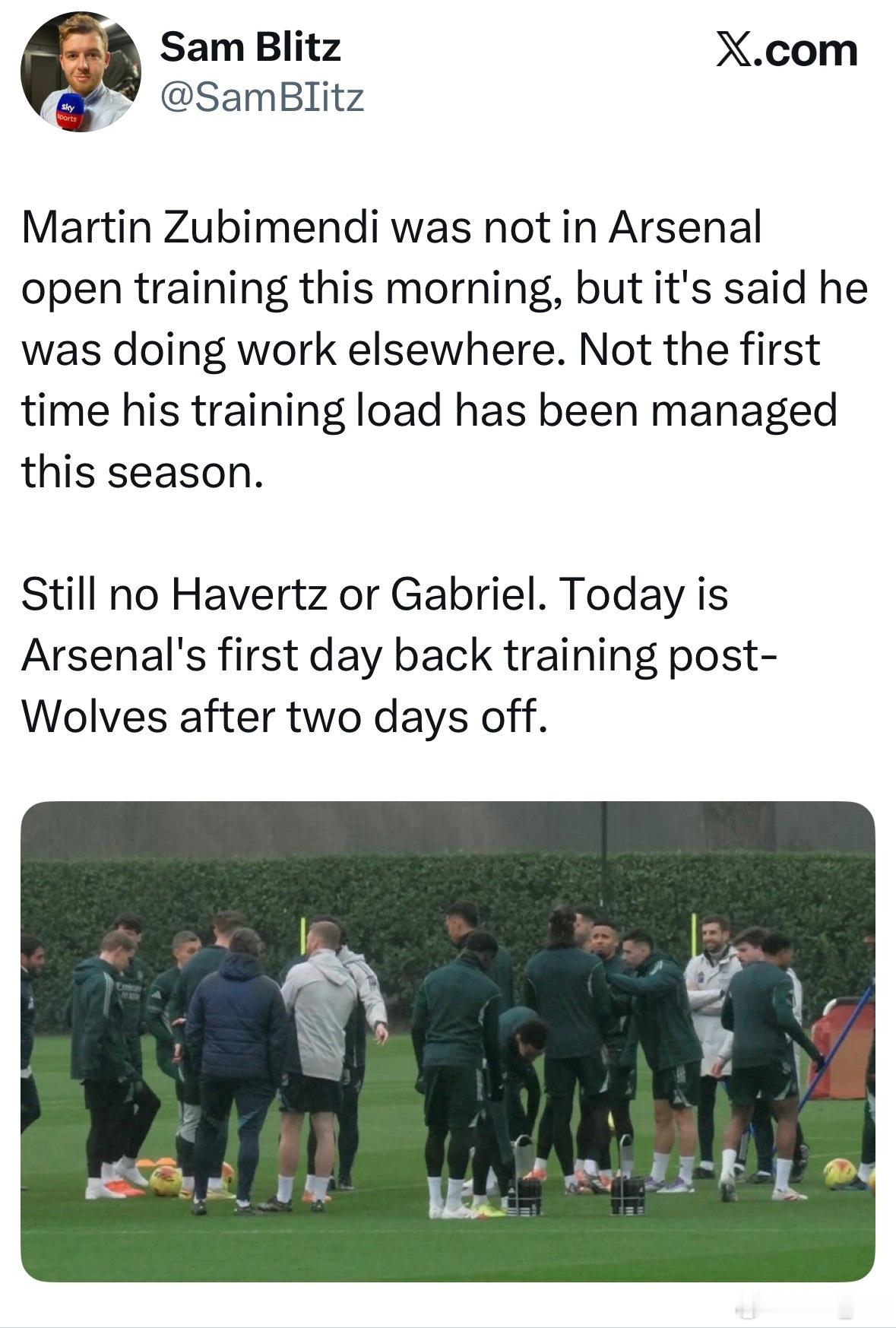 天空体育：阿森纳全队放假两天后重新集结，苏维门迪不在公开训练里，但据了解他在单独