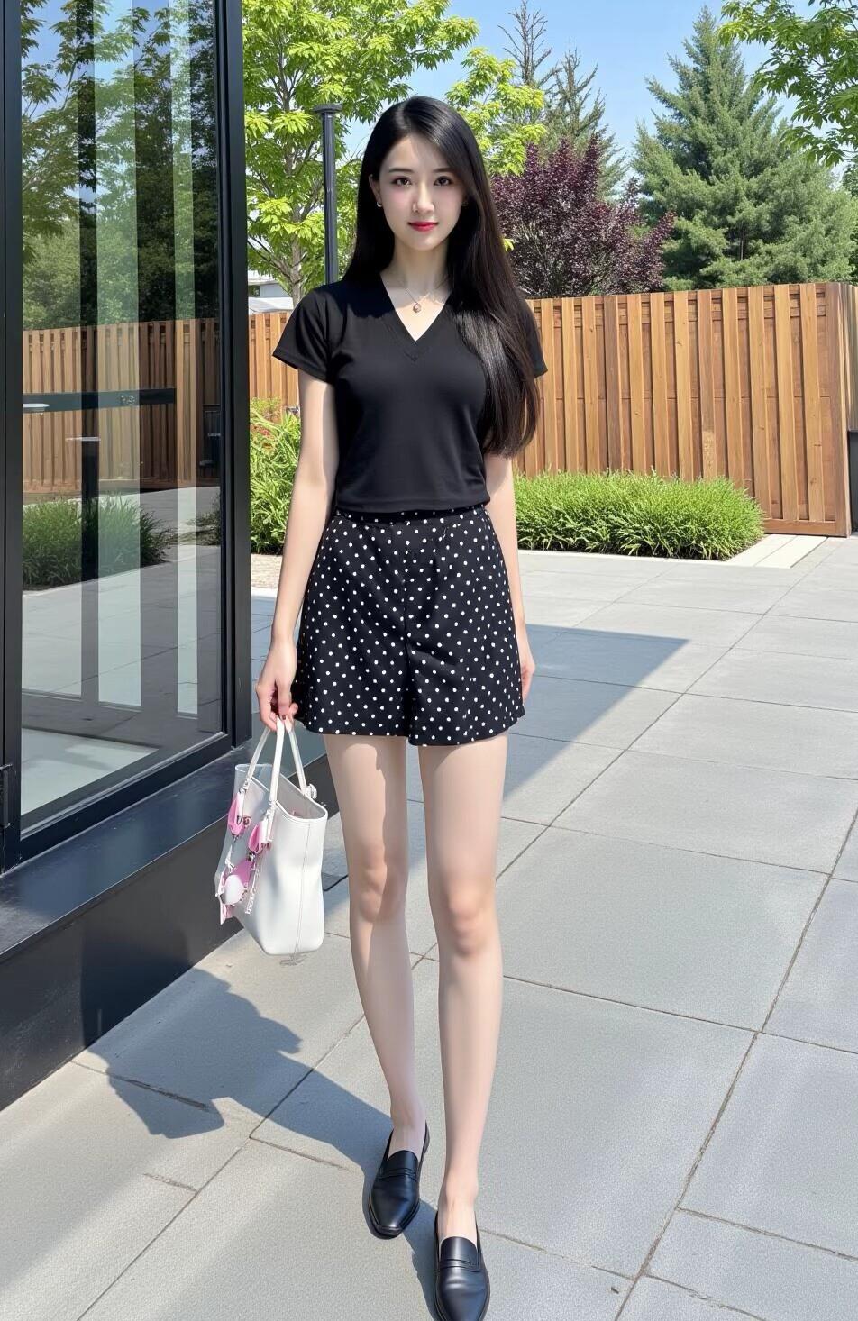 夏日穿搭指南：简约黑色T恤+波点短裙，清新自然，轻松出行！🌞👗👠