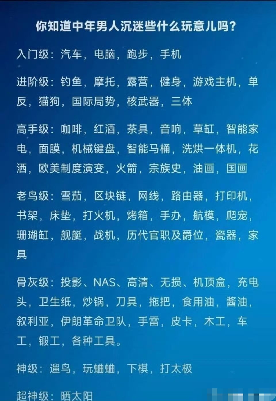网友总结中年男人沉迷的东西！有没有中年男人现身说法一下，是不是真的？