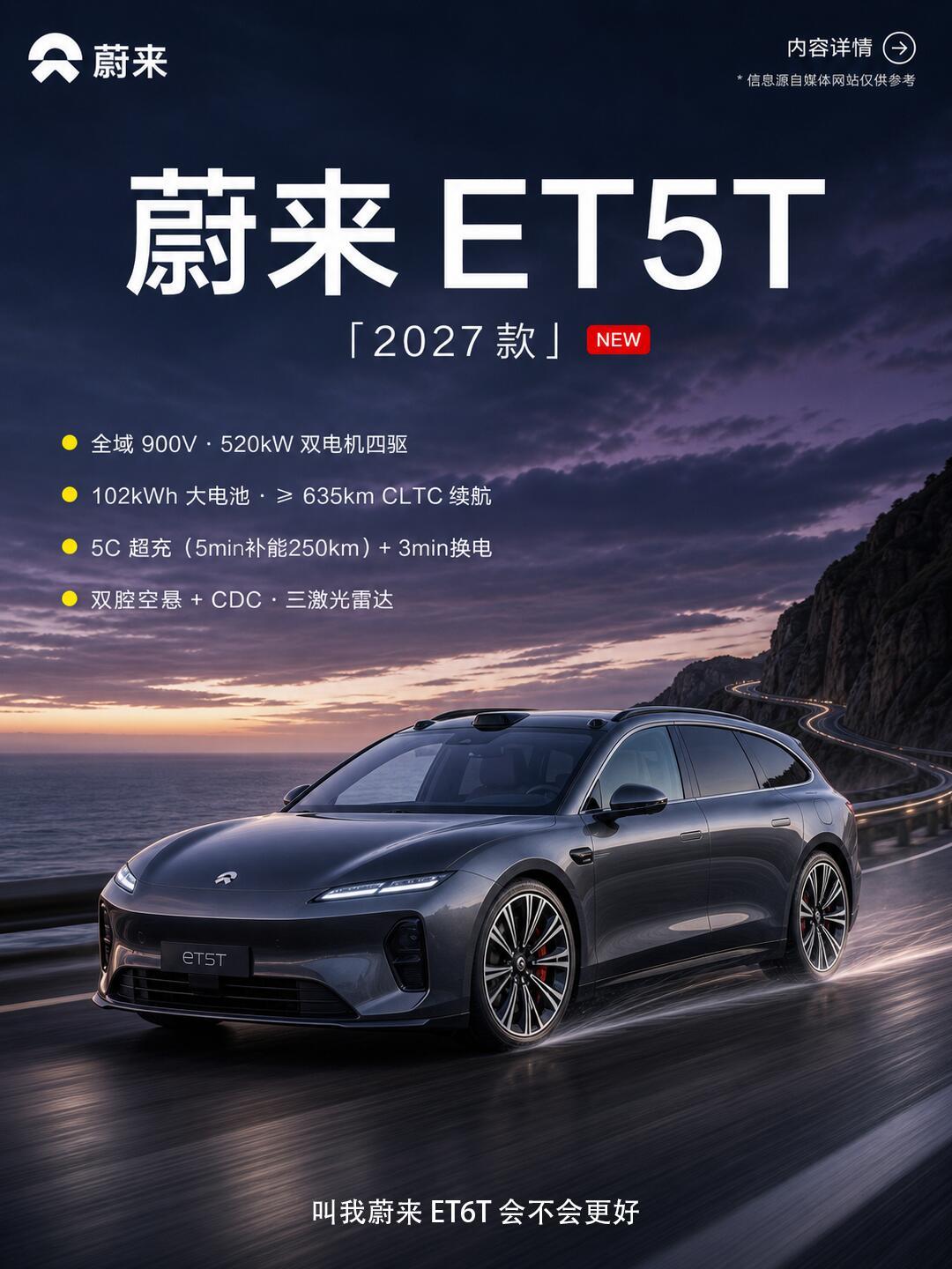 聊下网传2027款蔚来中大型纯电瓦罐，目前圈内有ET5T换代、全新ET...