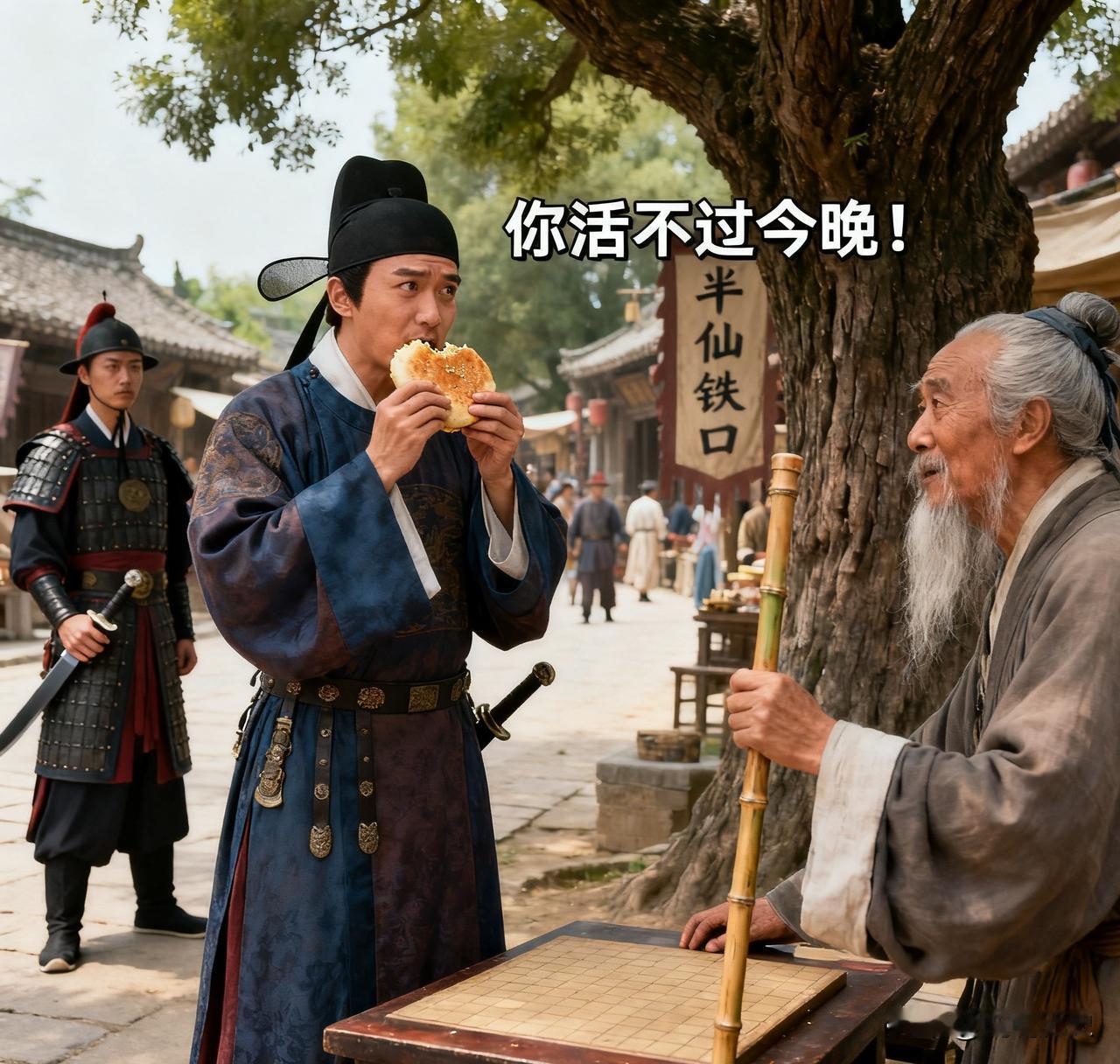 朱元璋在路边啃烧饼时，突然听到一句：“你活不过今晚！”刚咬下的烧饼渣差点呛