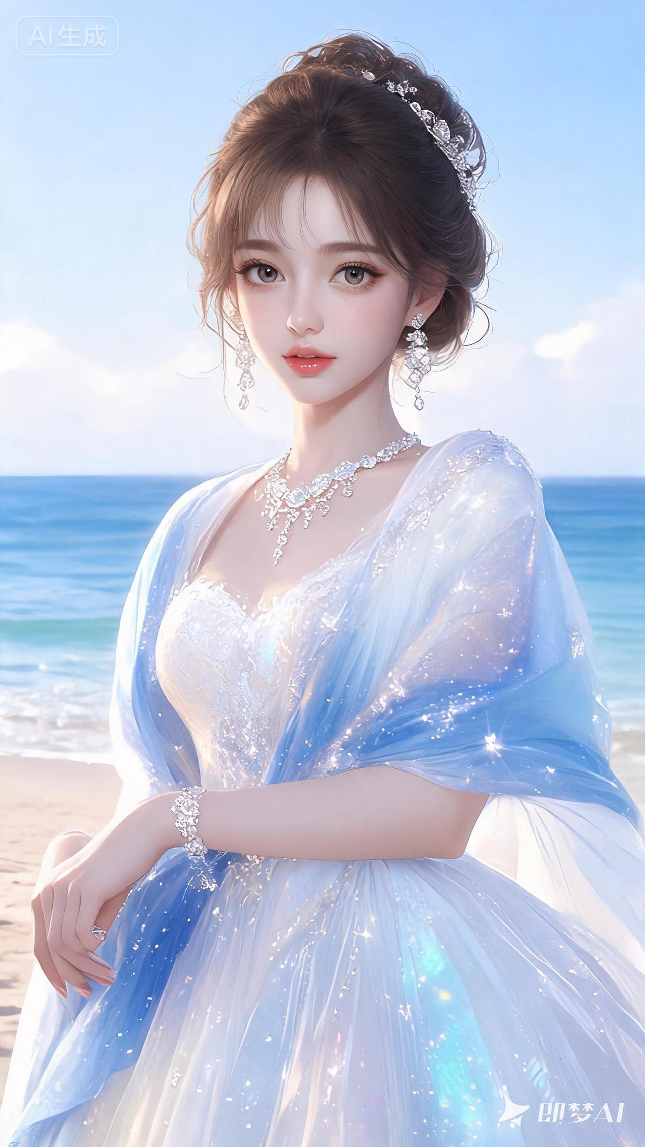 一个穿着公主裙的女孩在海边。