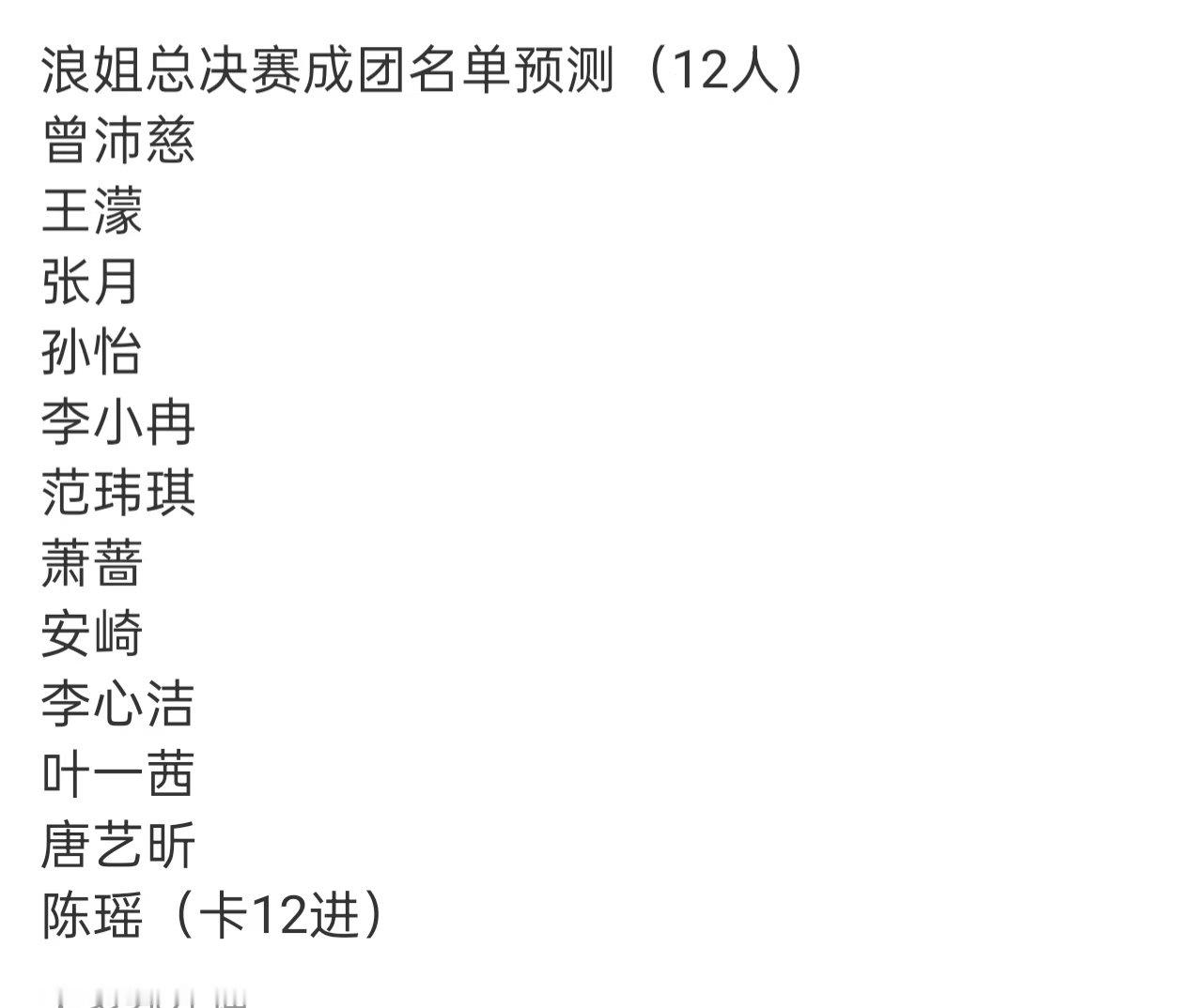 浪姐7总决赛成团名单浪姐总决赛成团名单预测网友预测的成团夜名单，符合观感嘛