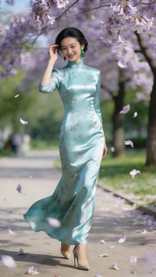 春日漫步，浅蓝旗袍裙，花海中的优雅女子。旗袍旗袍裙